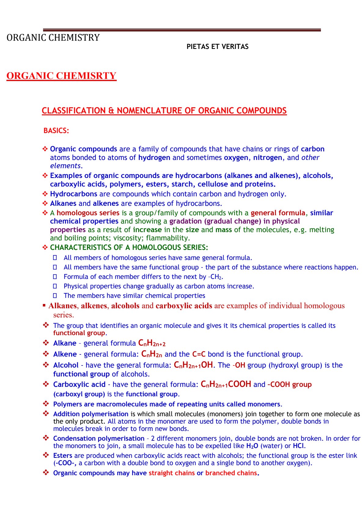 First page of O-Level Chemistry Classification and Nomenclature of Organic Compounds Notes Zimbabwe