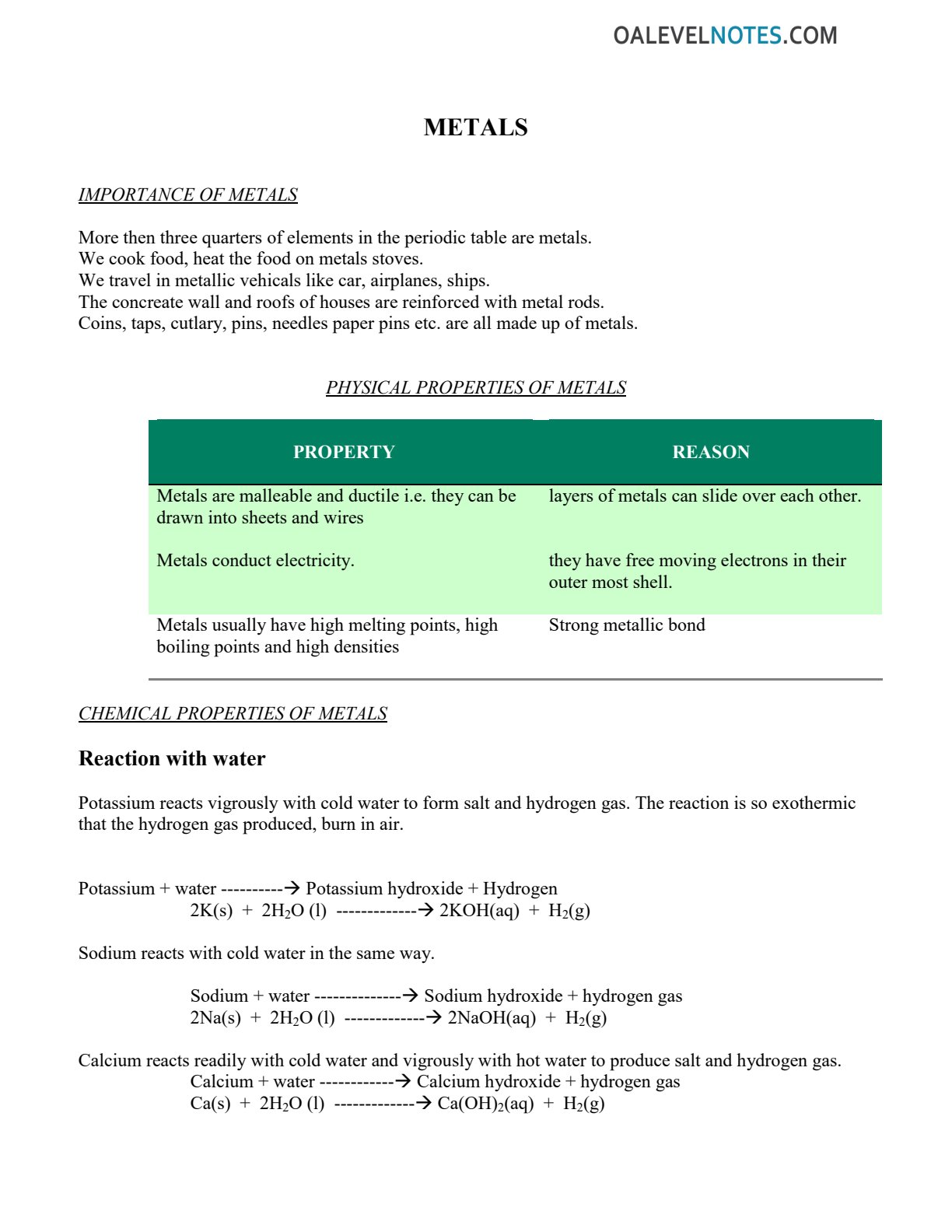 First page of O-Level Chemistry Metals Notes Zimbabwe