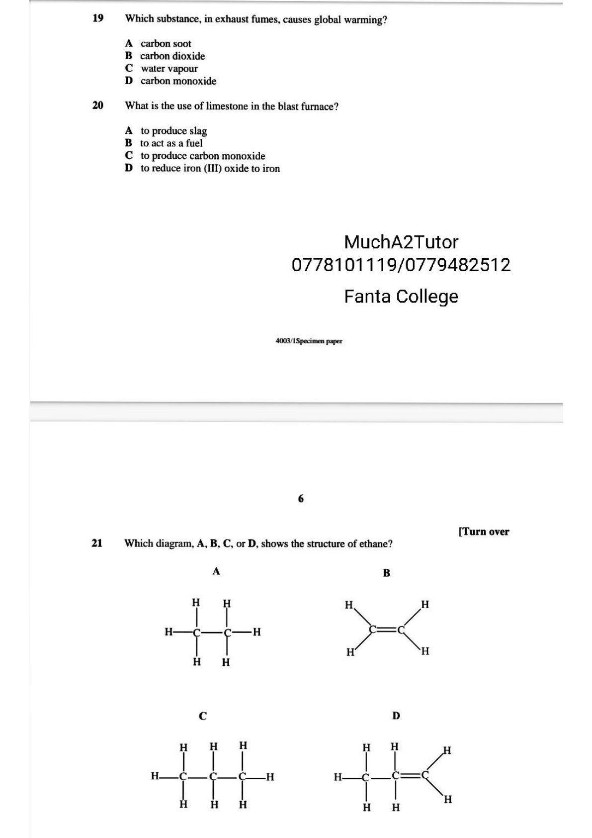 First page of O-Level Chemistry Organic Chemistry Worksheet Zimbabwe