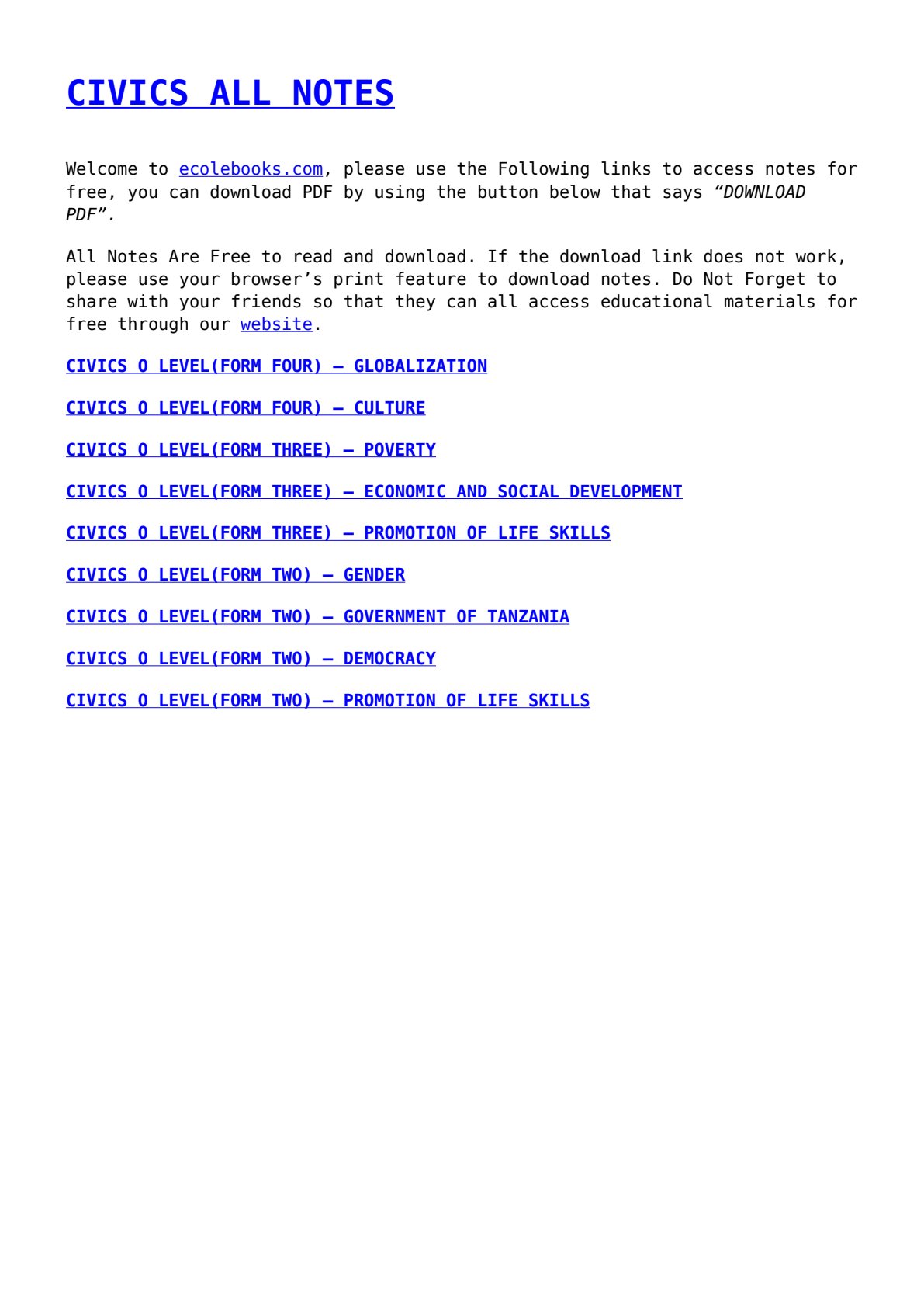 First page of O-Level Civics Civics O-Level Notes Compilation Notes Zimbabwe