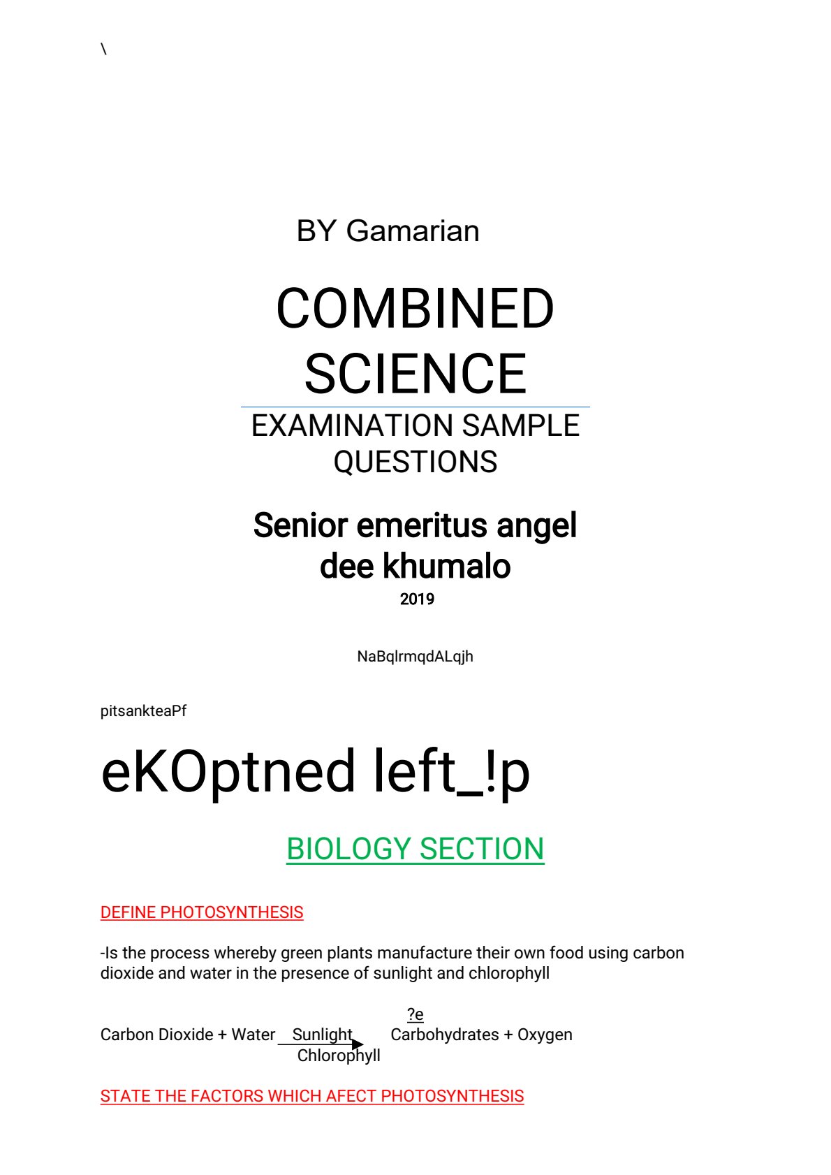 First page of O-Level Combined Science 2019 Study Guide