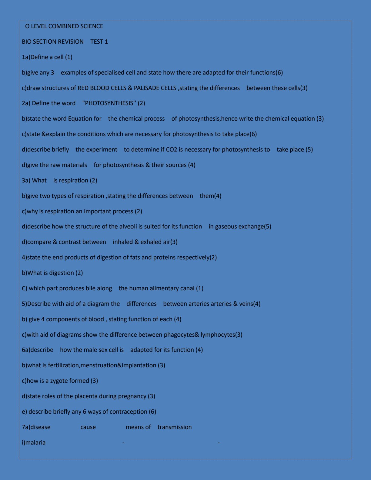 First page of O LEVEL COMBINED SCIENCE BIO SECTION REVISION TEST 1