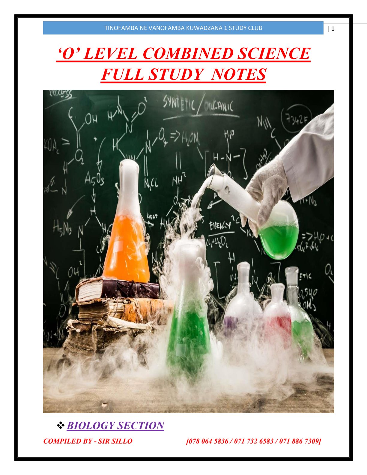 First page of O-Level Combined Science Biology Notes Zimbabwe