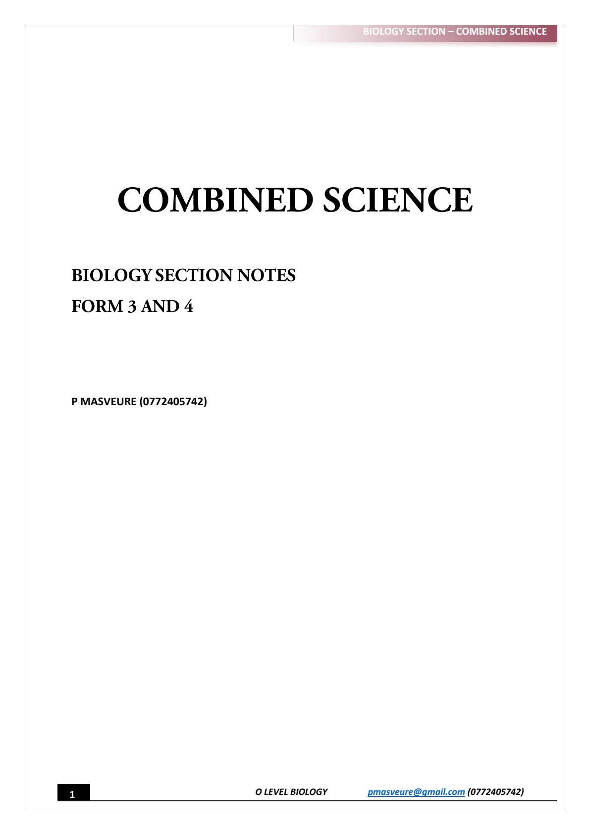 First page of O-Level Combined Science Biology Section (Combined Science) Notes Zimbabwe