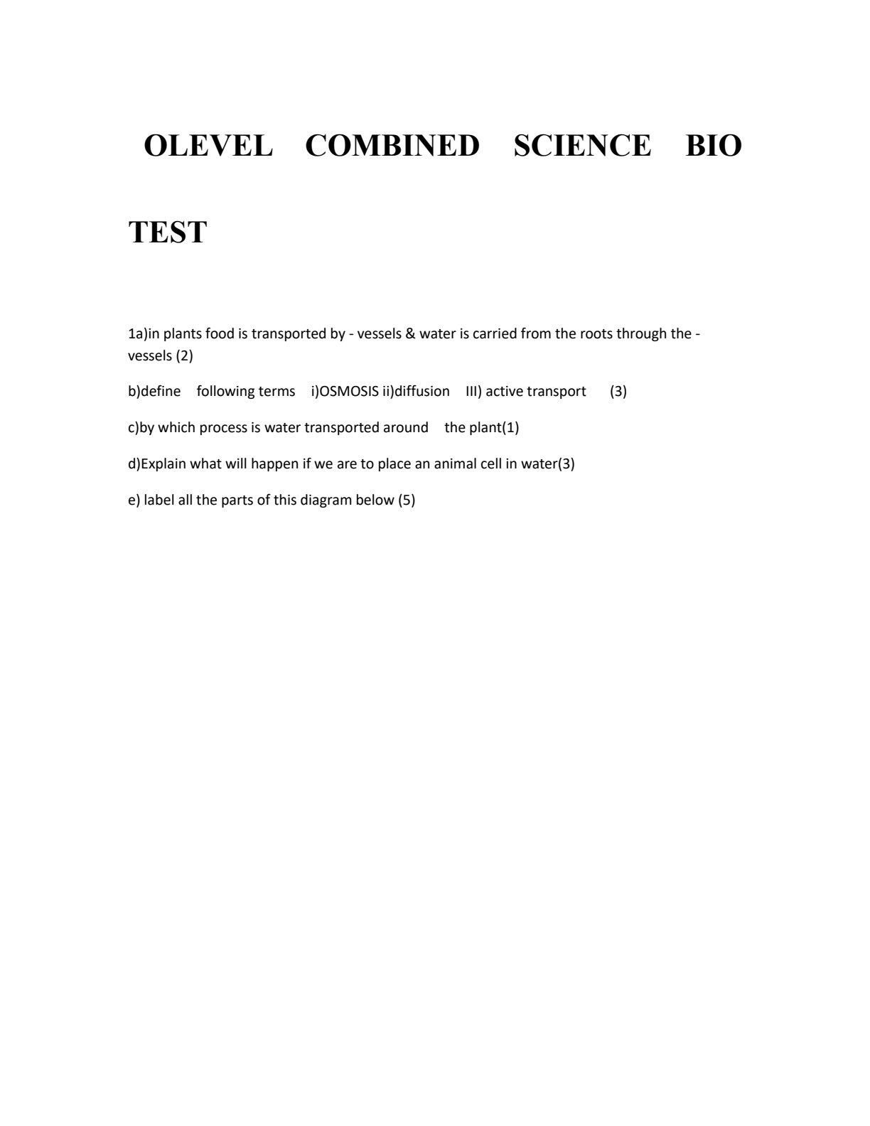 First page of O-Level Combined Science Biology Worksheet Zimbabwe