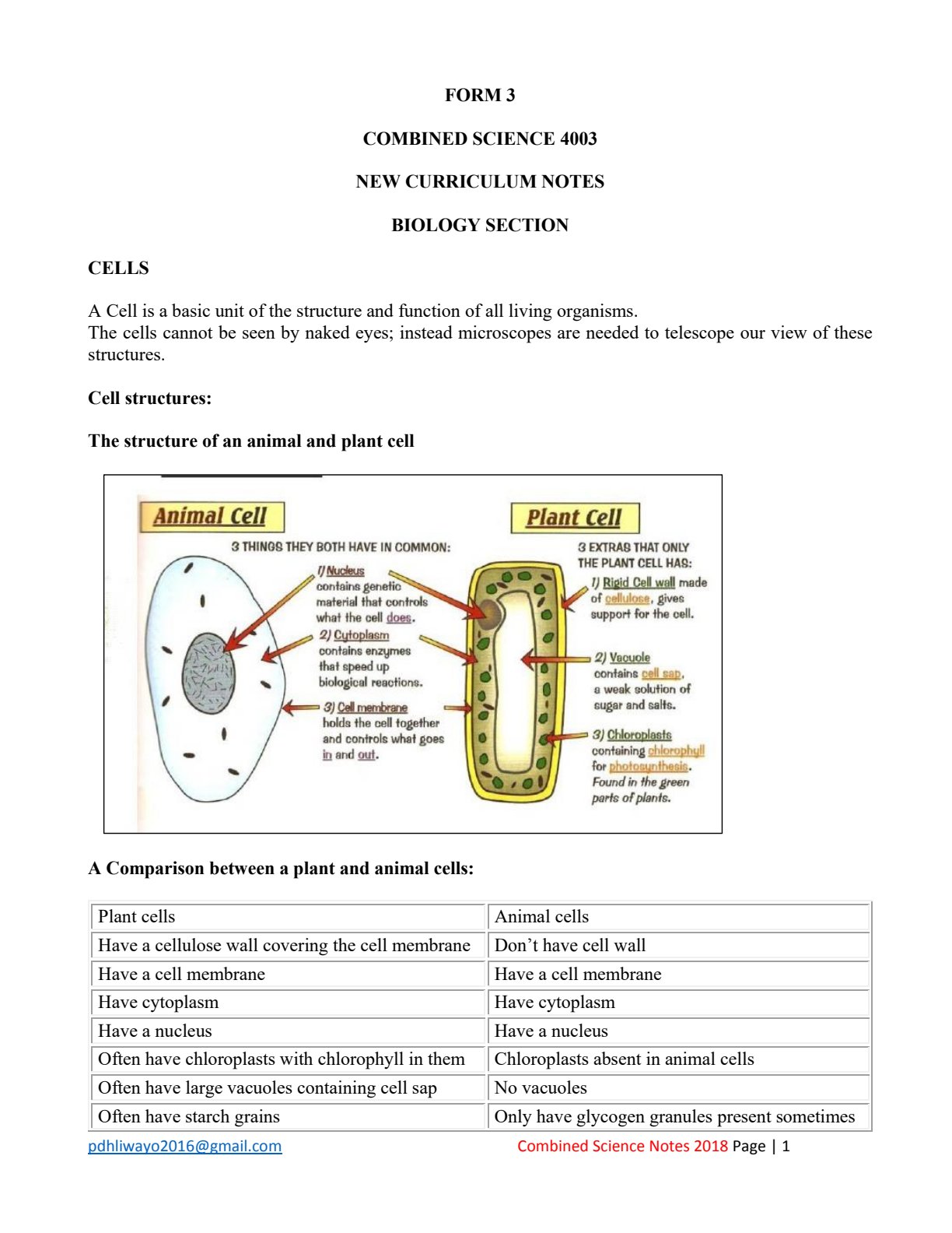 First page of O-Level Combined Science Cells Notes Zimbabwe