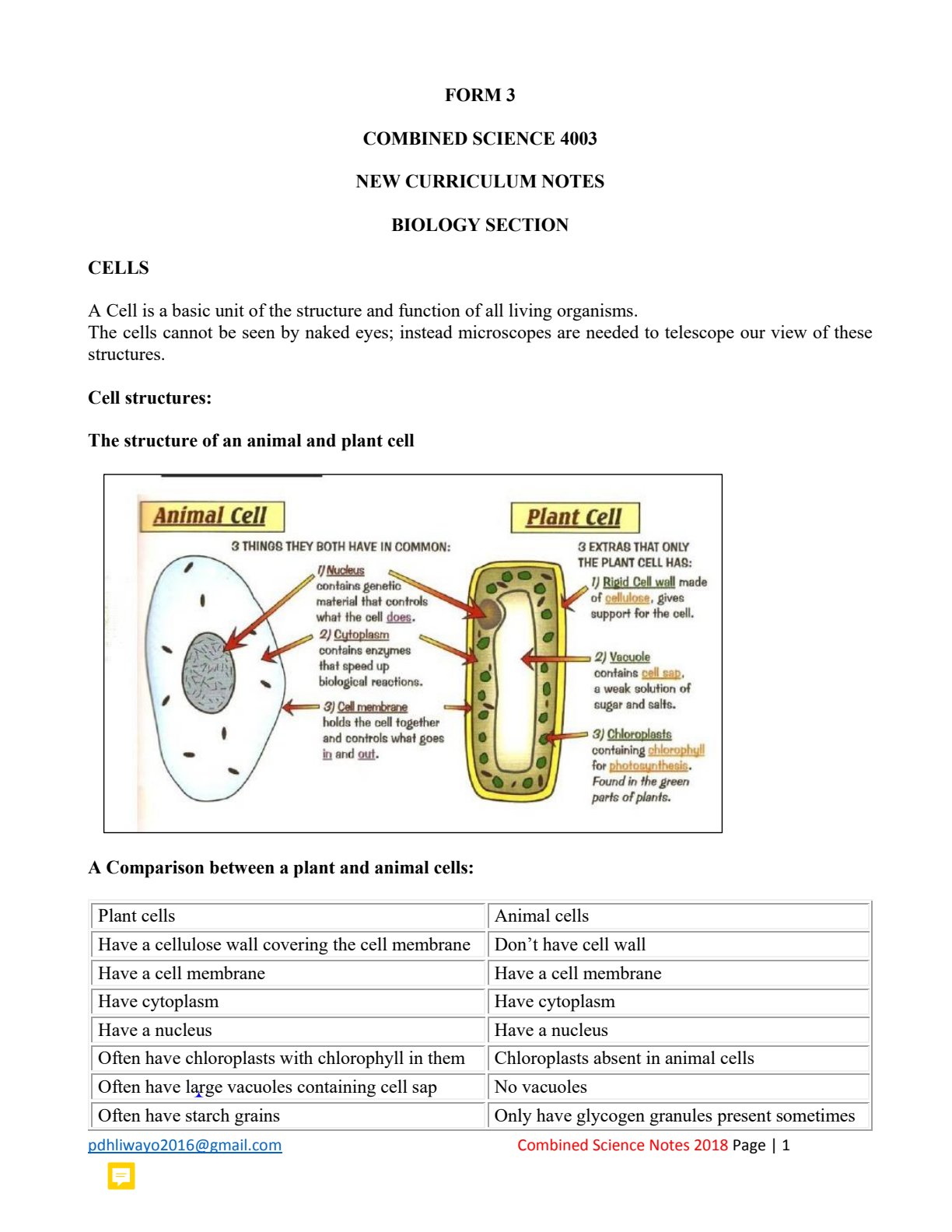 First page of O-Level Combined Science Cells Notes Zimbabwe