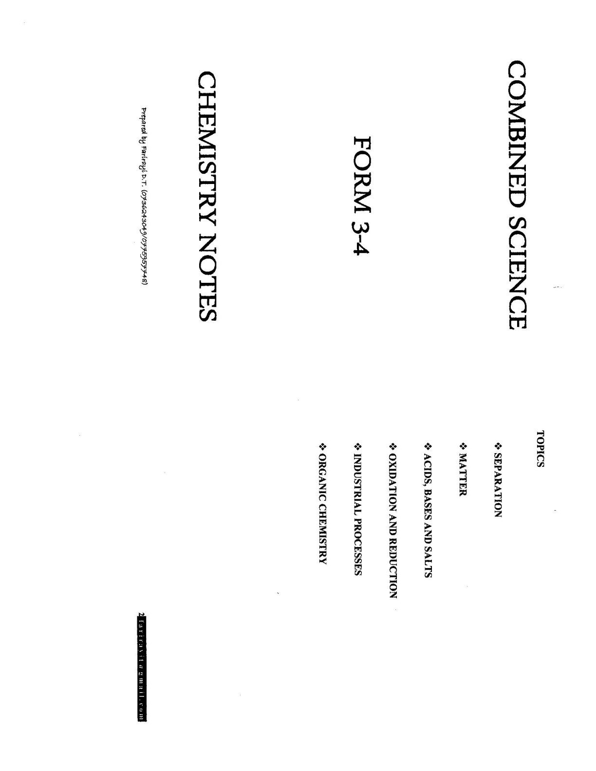 First page of O-Level Combined Science Chemistry Notes Zimbabwe