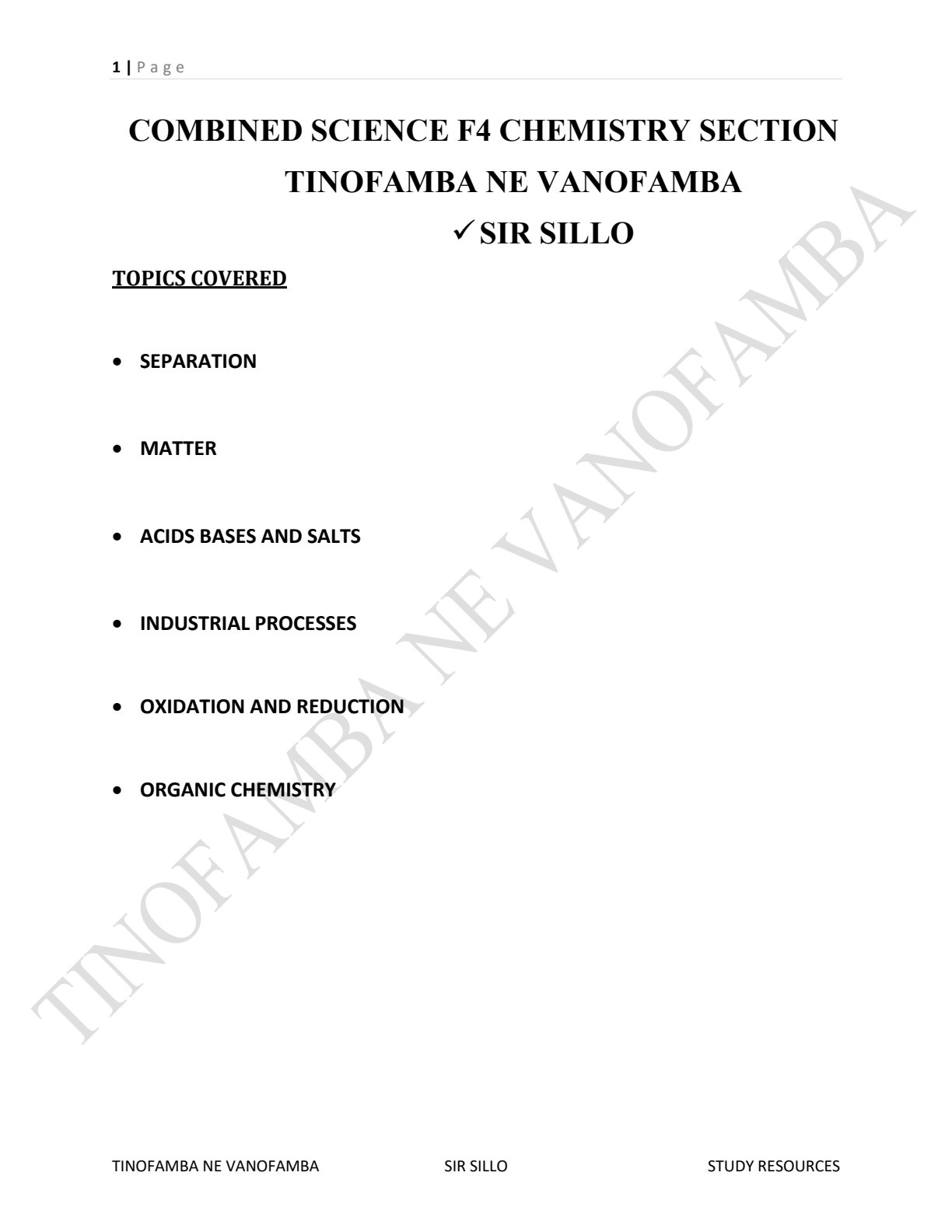 First page of O-Level Combined Science Chemistry Notes Zimbabwe