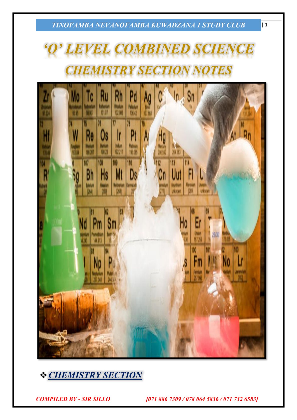First page of O-Level Combined Science Chemistry Notes Zimbabwe