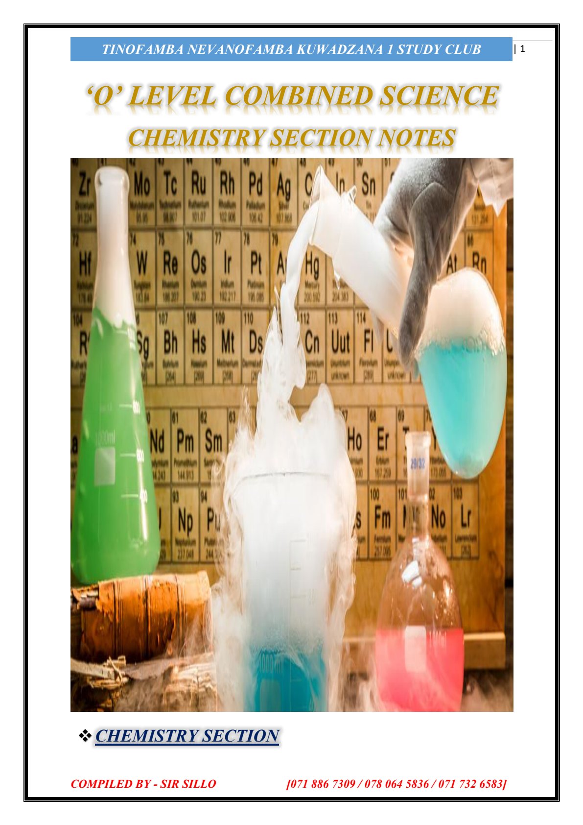 First page of O-Level Combined Science Chemistry Section Notes Zimbabwe