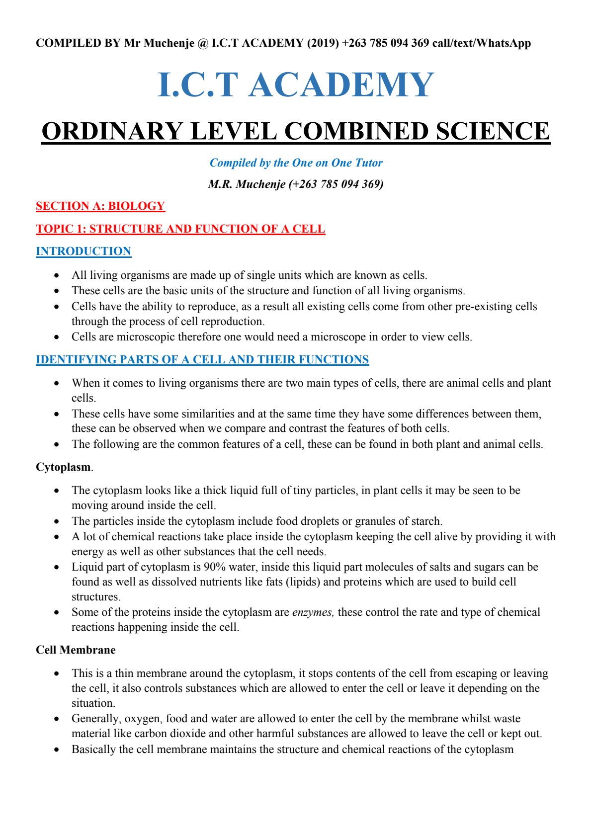 First page of O-Level Combined Science Notes Zimbabwe