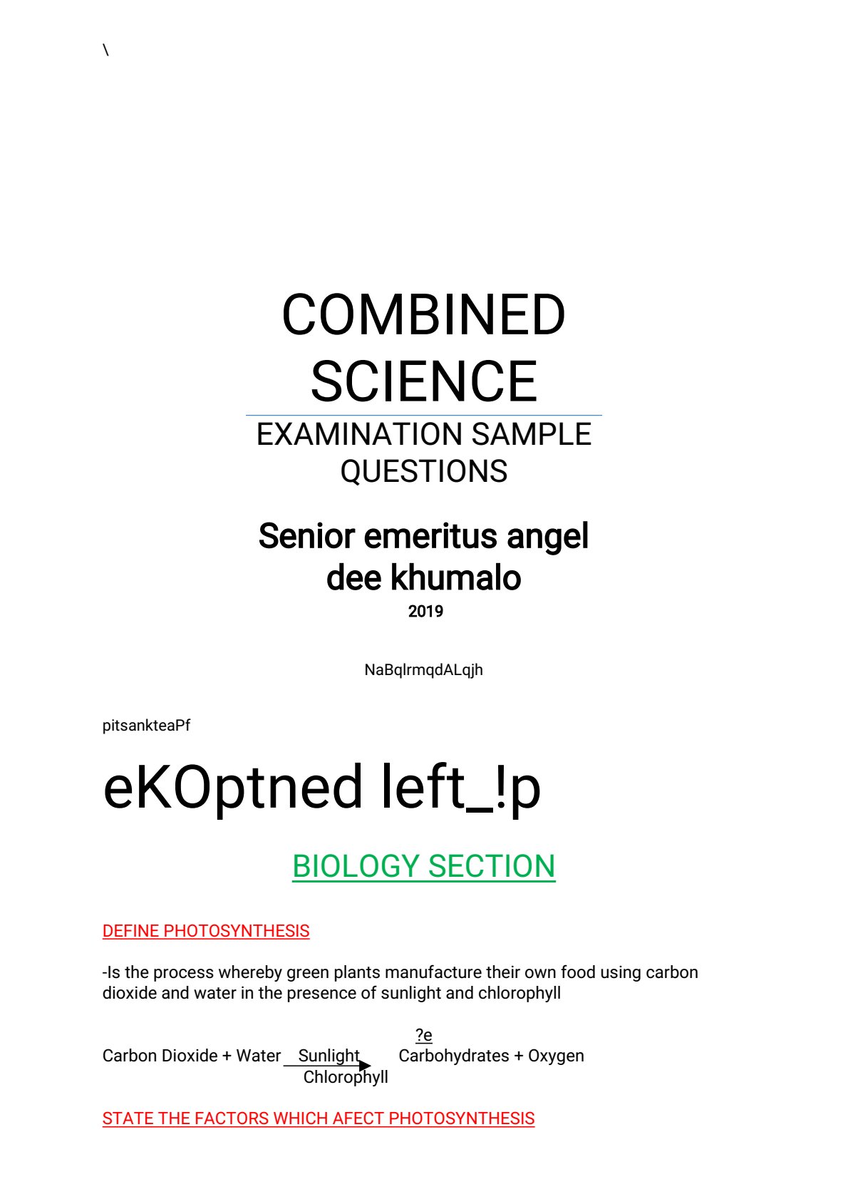 First page of O-Level Combined Science Photosynthesis Revision Pack Zimbabwe