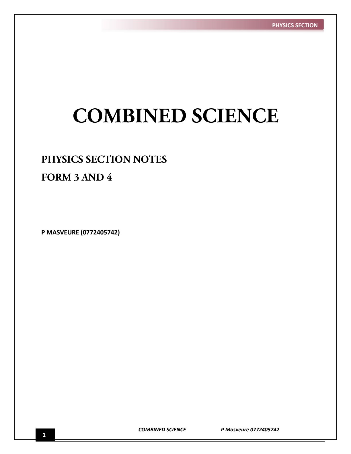 First page of O-Level Combined Science Physics Notes Zimbabwe