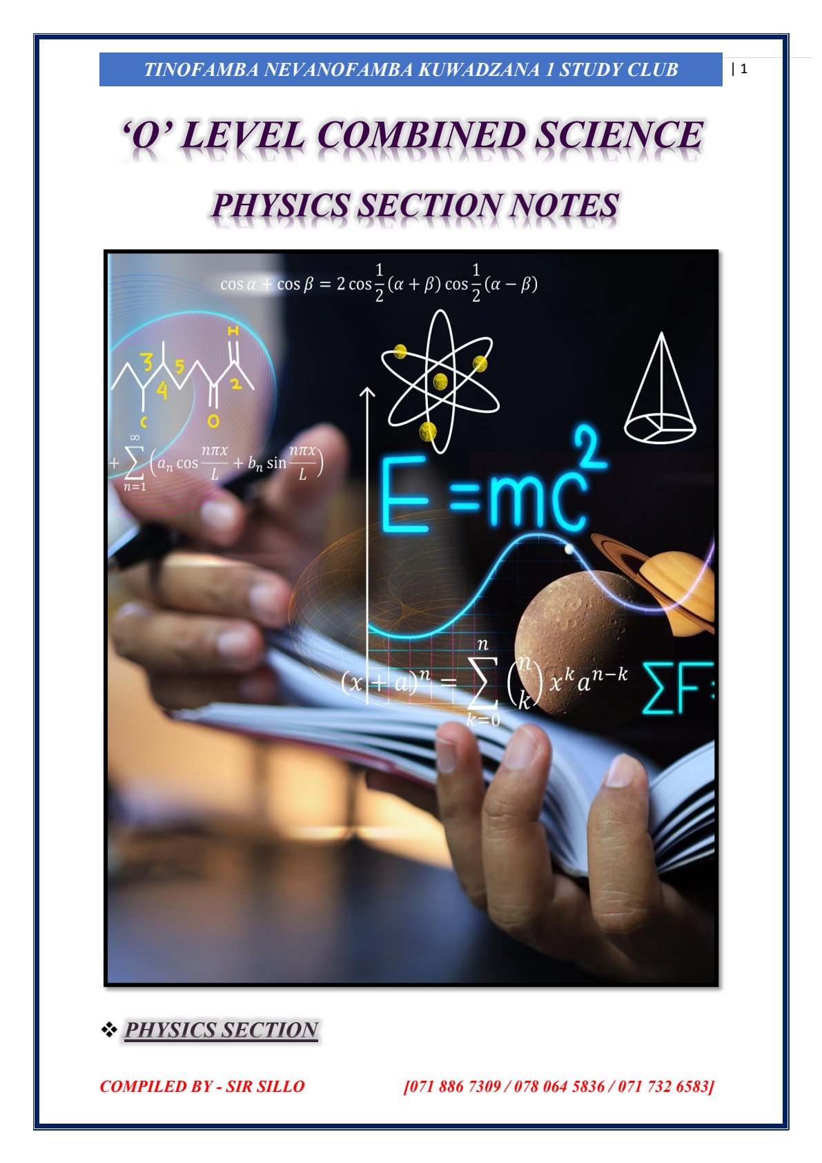 First page of O-Level Combined Science Physics Notes Zimbabwe