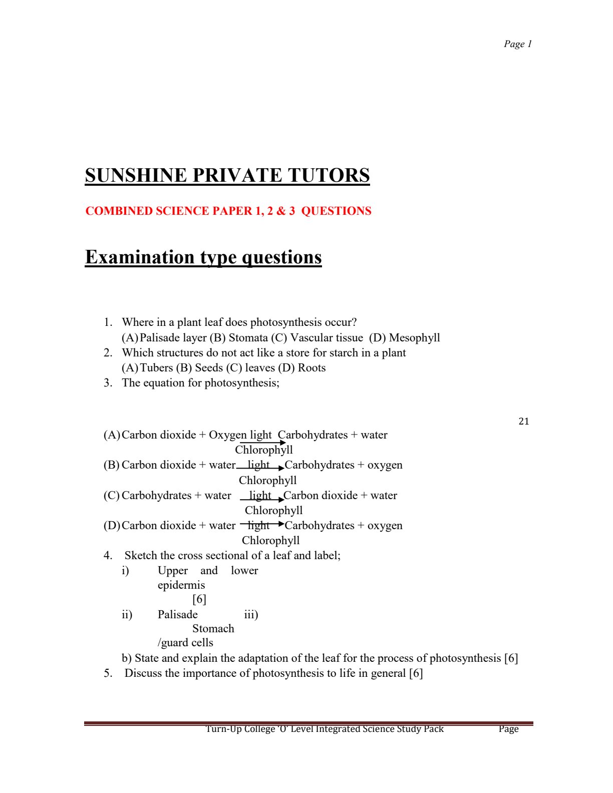 First page of O-Level Combined Science Revision Pack Zimbabwe