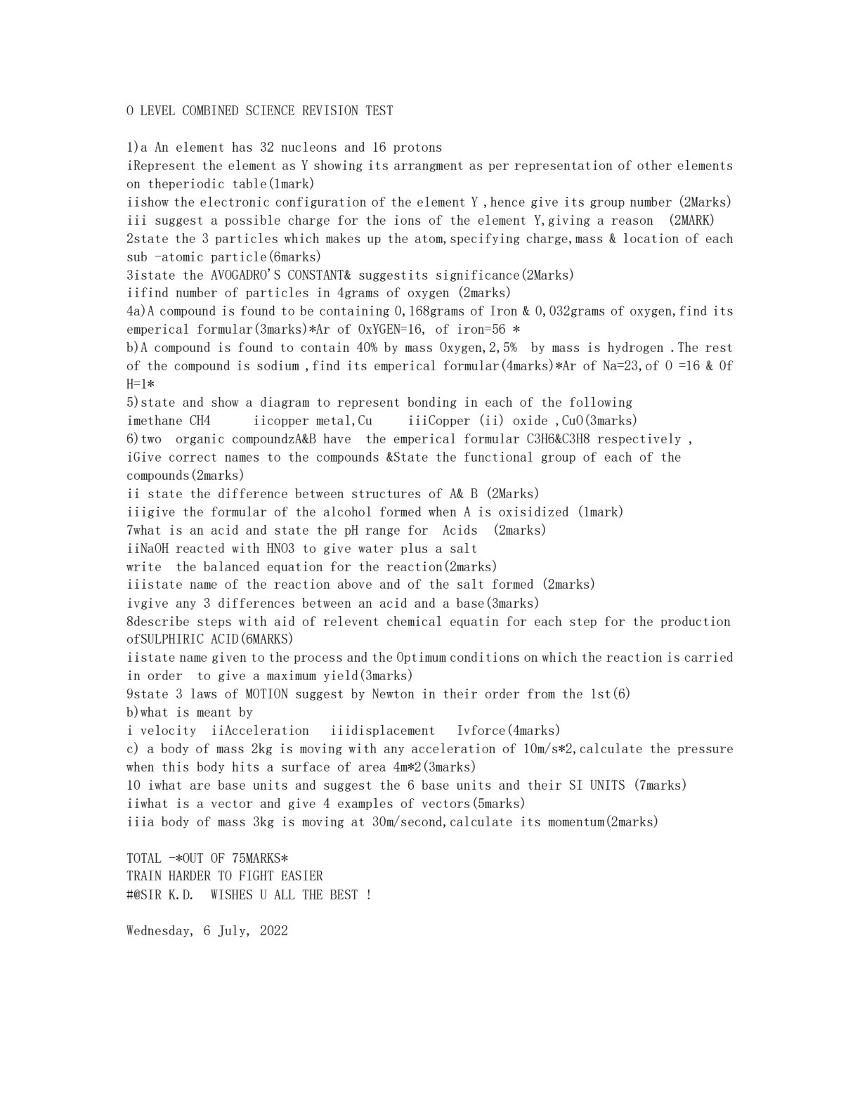 First page of O-Level Combined Science Worksheet Zimbabwe