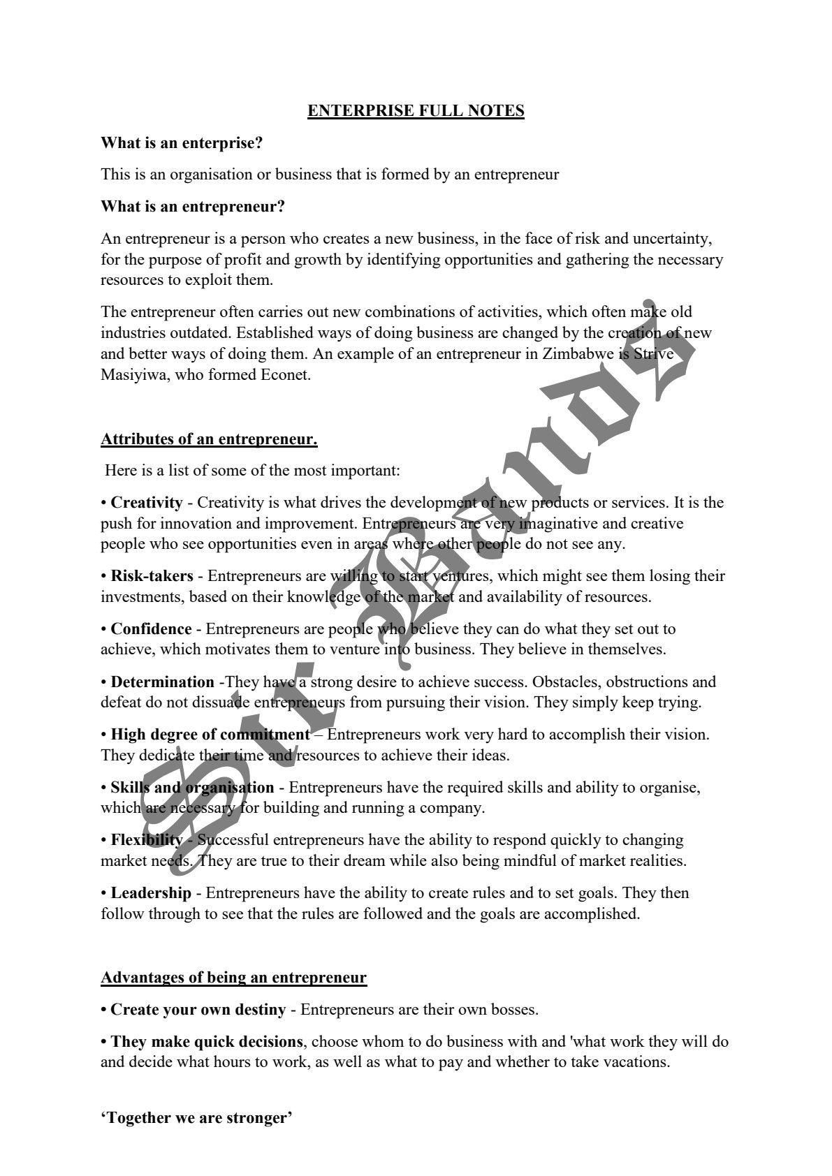 First page of O-Level Commerce Enterprise Notes Zimbabwe
