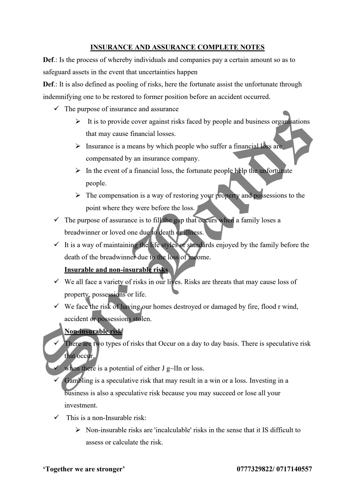 First page of O-Level Commerce Insurance and Assurance Notes Zimbabwe