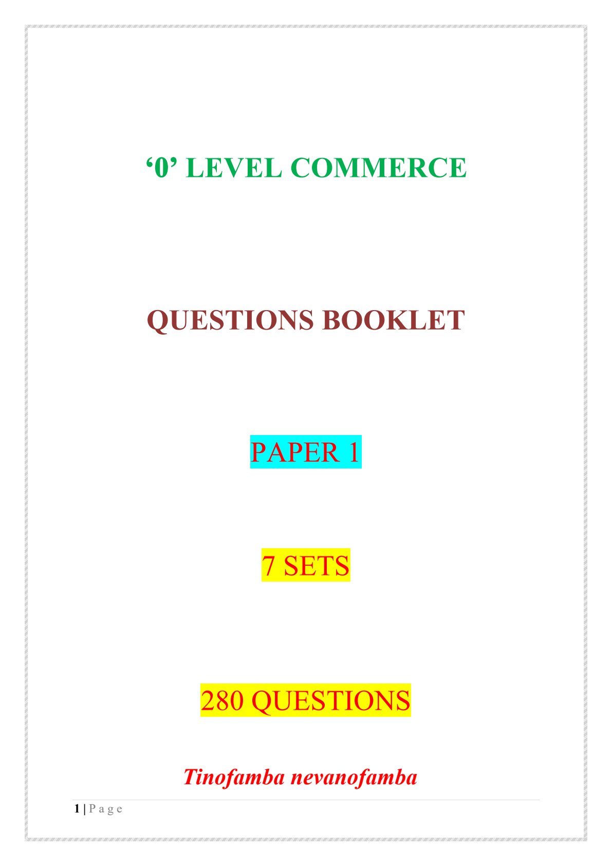First page of O Level Commerce Questions Booklet Paper 1