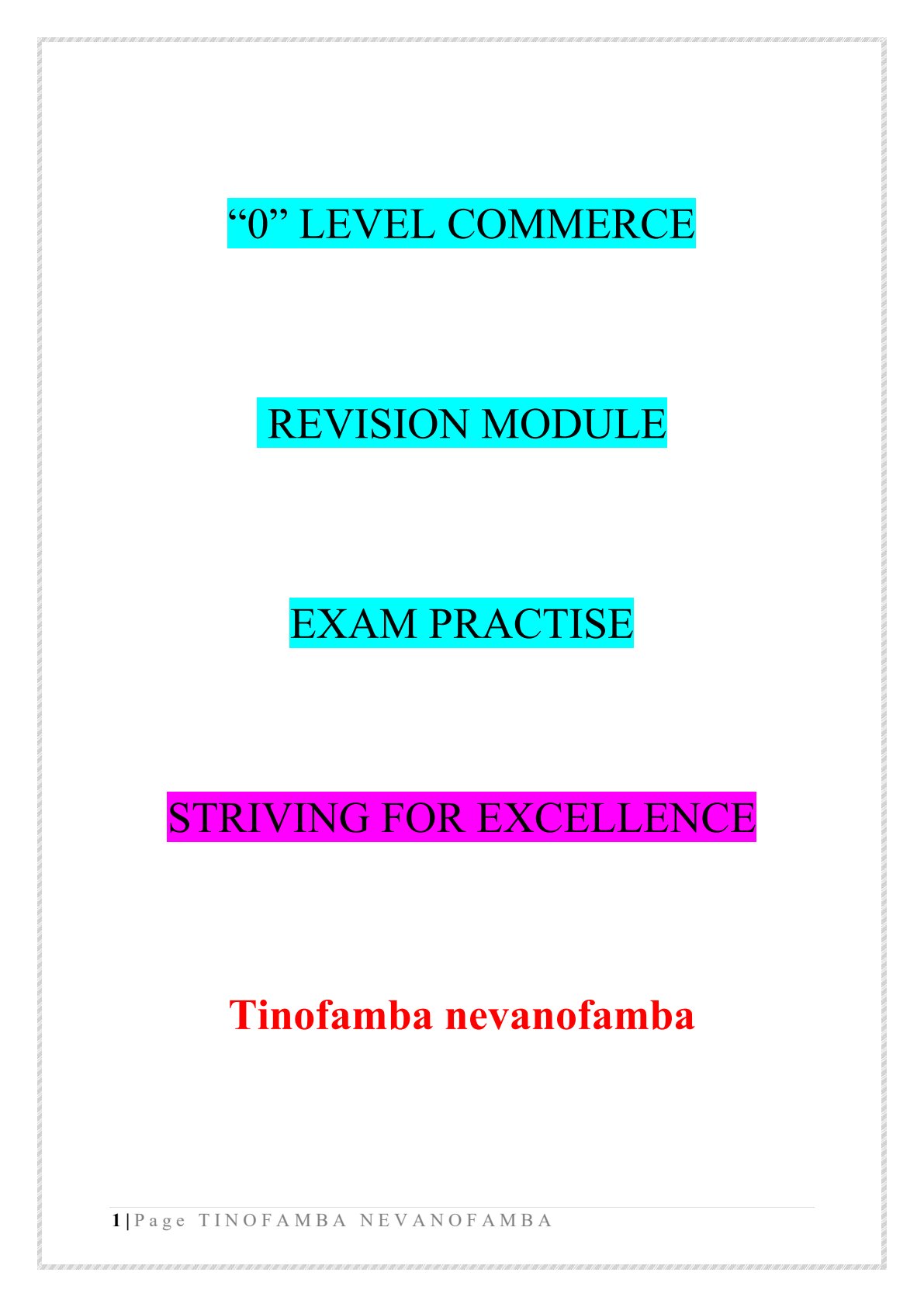 First page of O-Level Commerce Revision Pack Zimbabwe