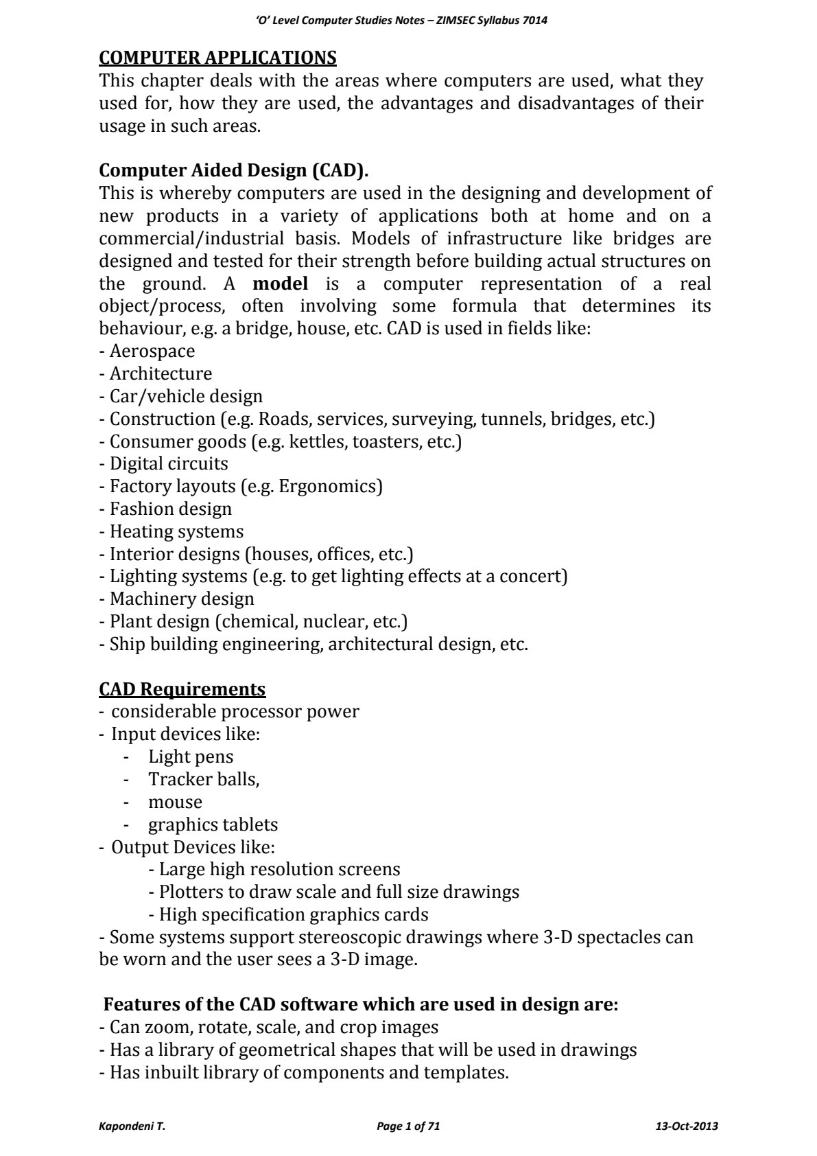First page of O-Level Computer Science Computer Applications Notes Zimbabwe