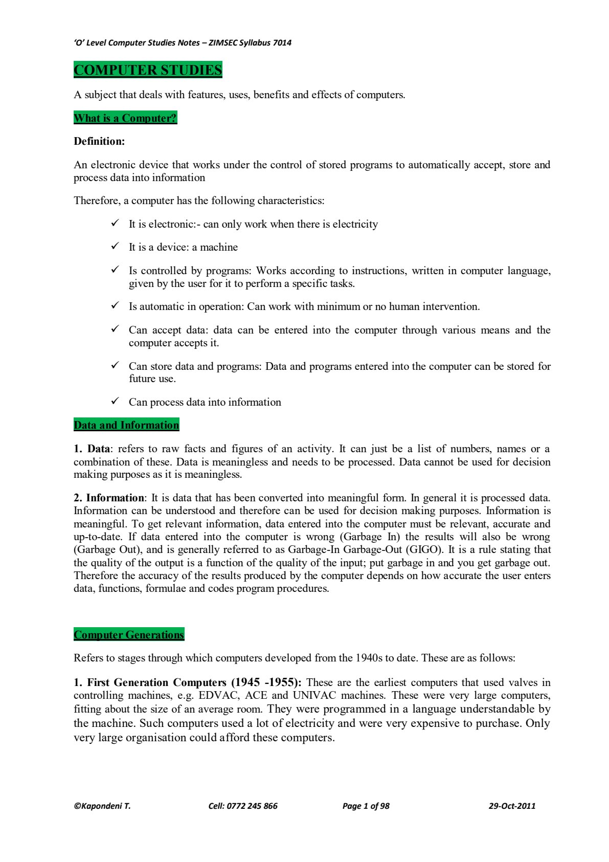 First page of O-Level Computer Science Notes Zimbabwe