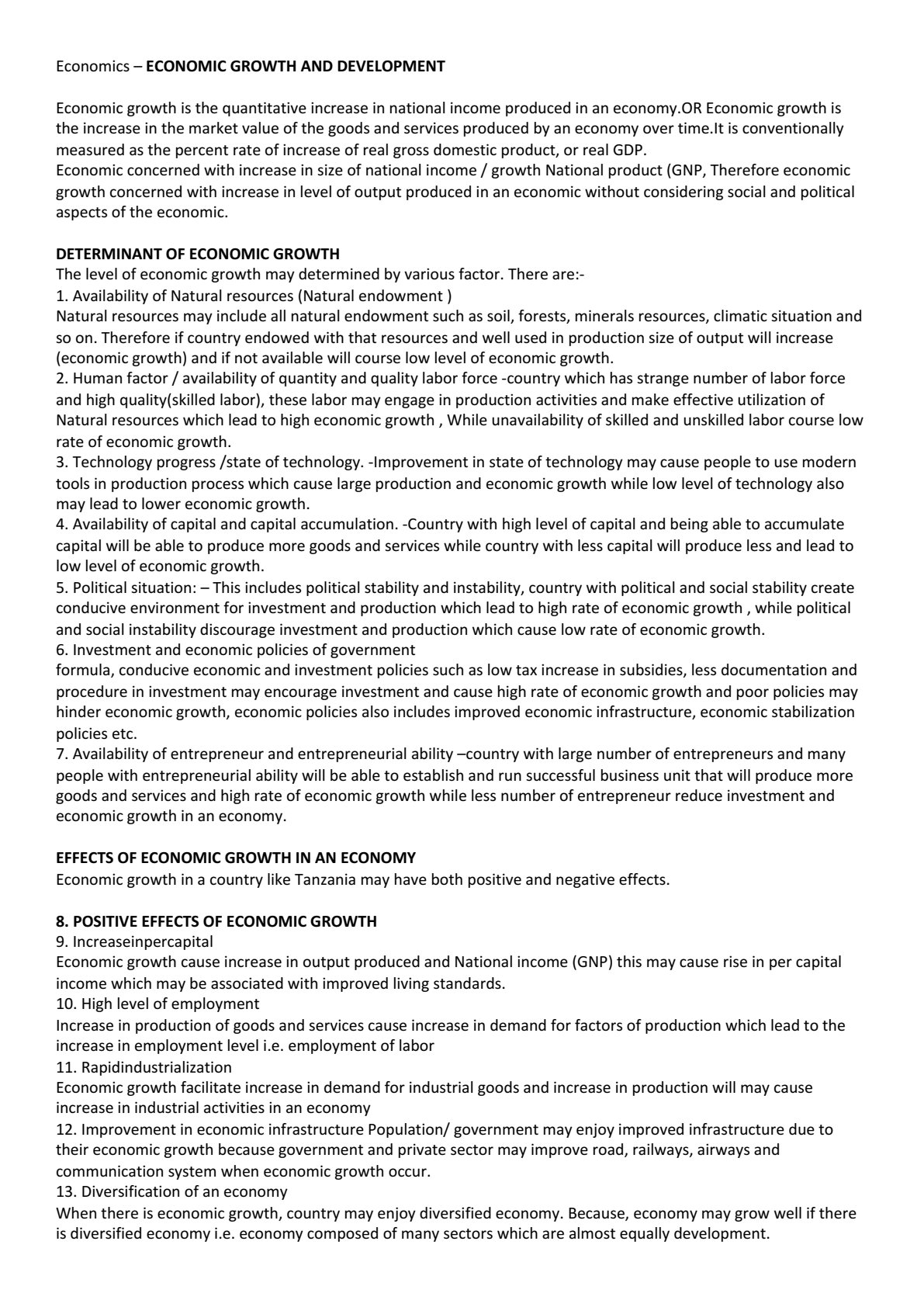 First page of O-Level Economics Economic Growth and Development Notes Zimbabwe