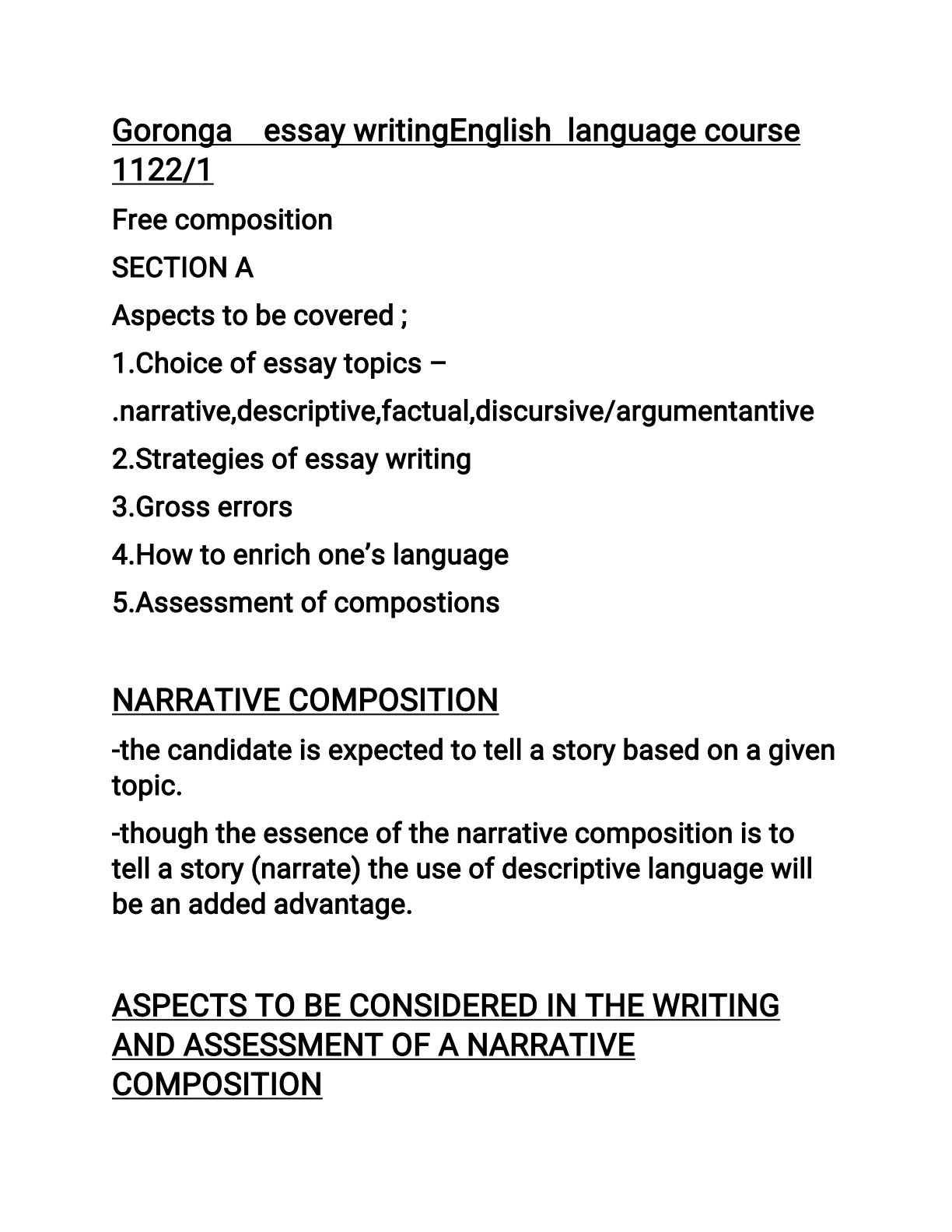 First page of O-Level English Language Composition Writing Notes Zimbabwe