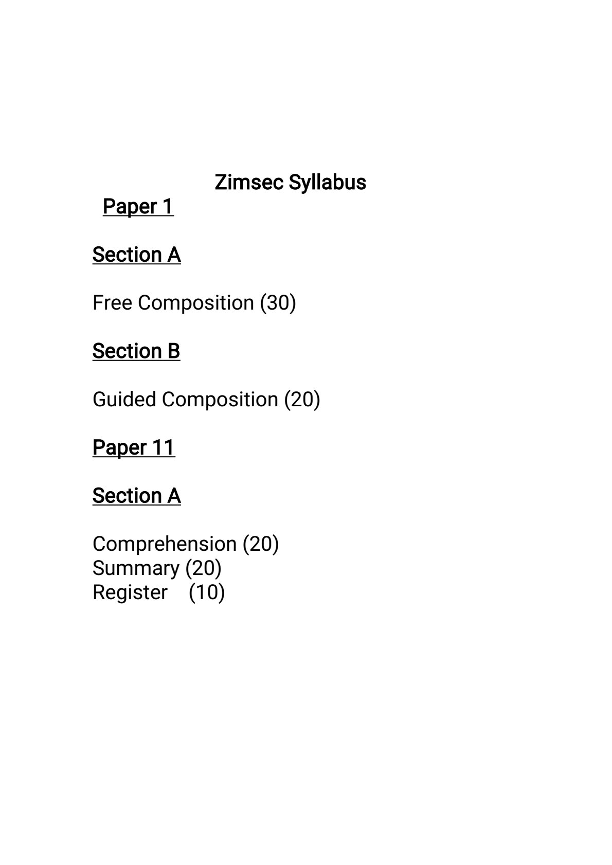 First page of O-Level English Language English Language Exam Preparation Notes Zimbabwe