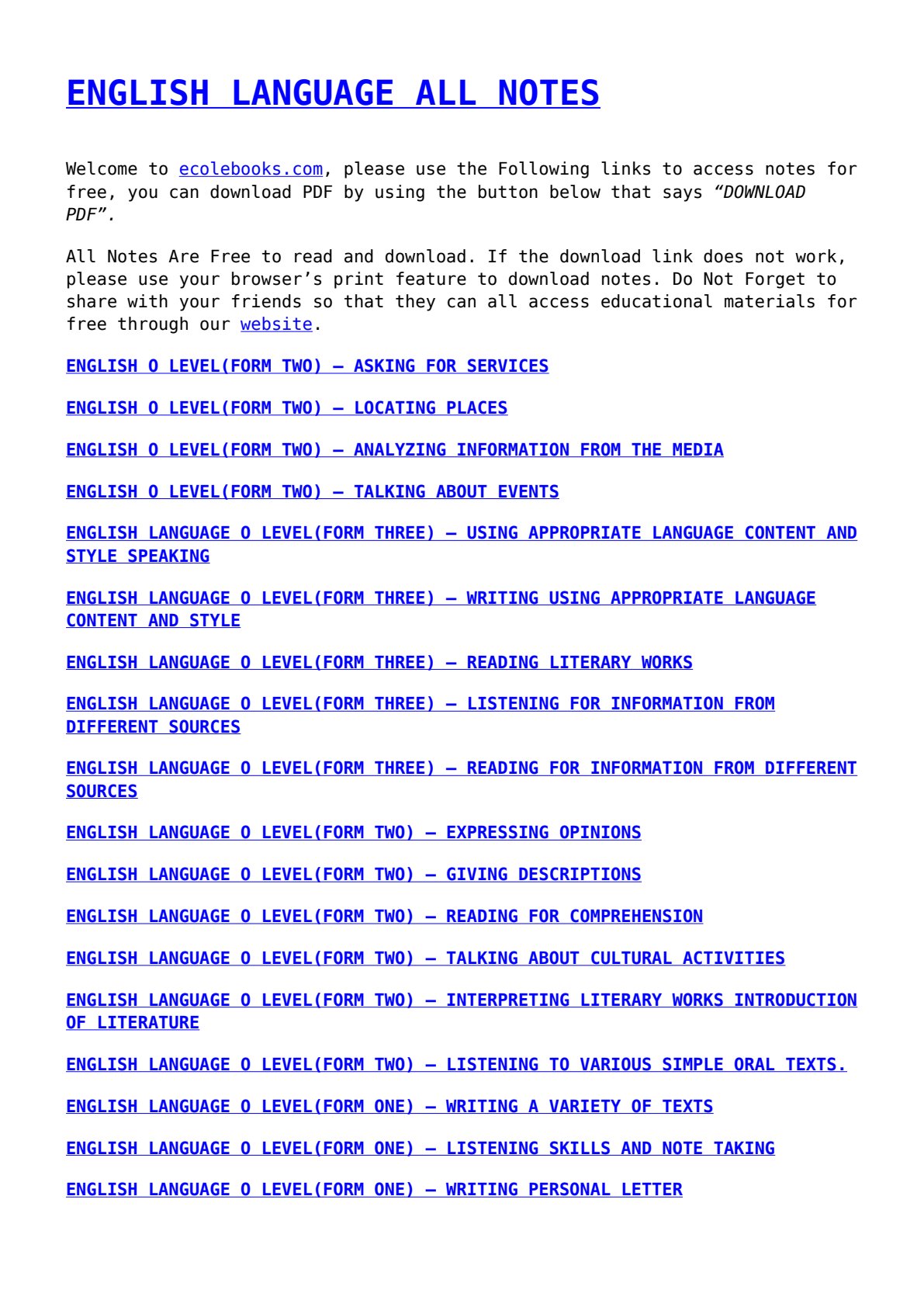 First page of O-Level English Language Notes Zimbabwe