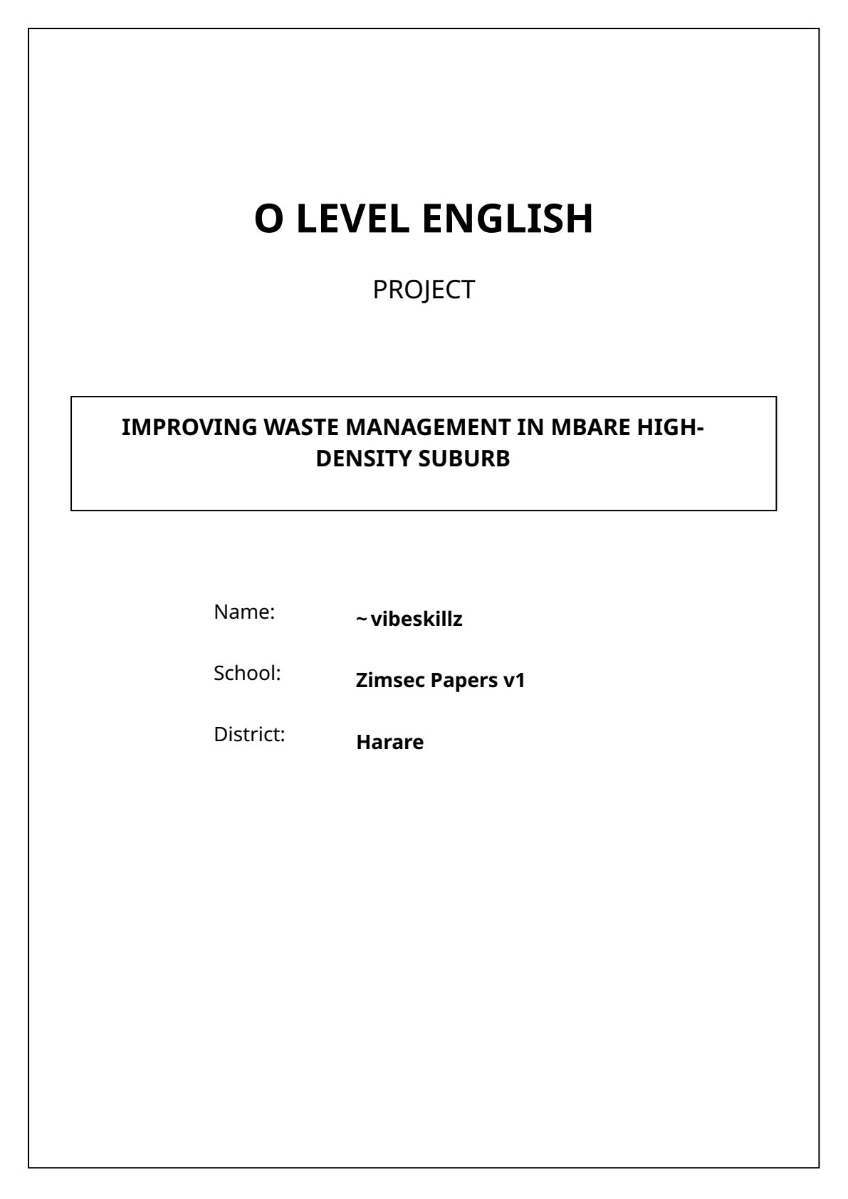 First page of O-Level English Language Waste Management Notes Zimbabwe