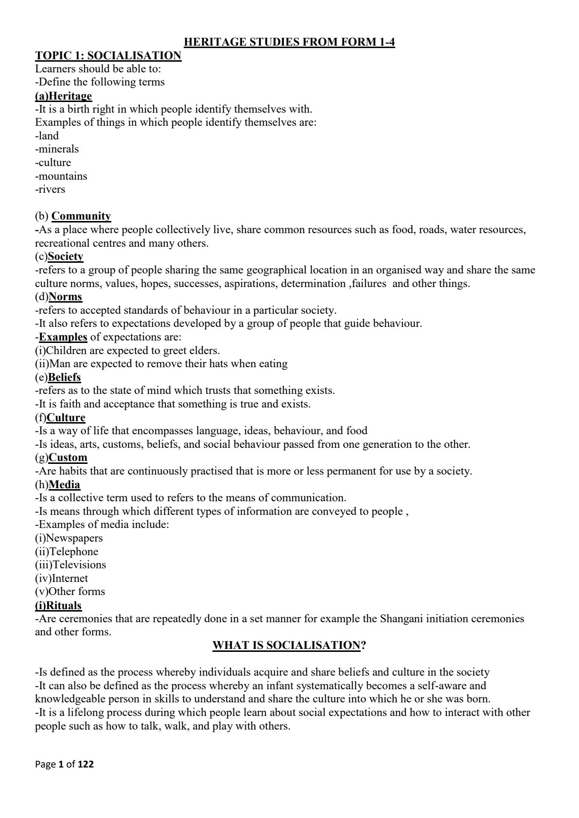 First page of O-Level Family and Heritage Studies Socialisation Notes Zimbabwe