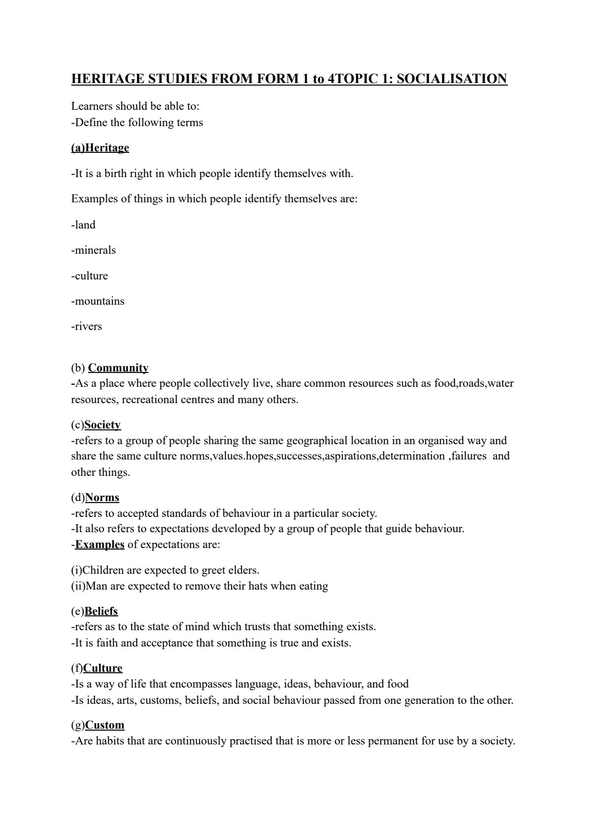 First page of O-Level Family and Heritage Studies Socialisation Notes Zimbabwe