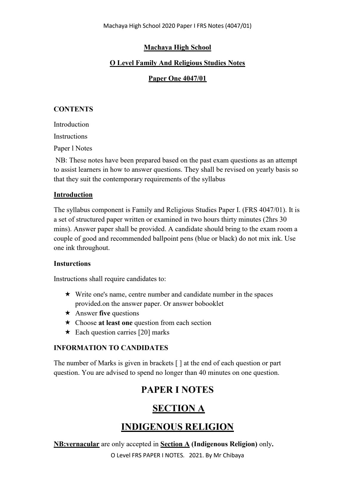 First page of O-Level Family and Religious Studies Family and Religious Studies Paper 1 Notes Notes Zimbabwe
