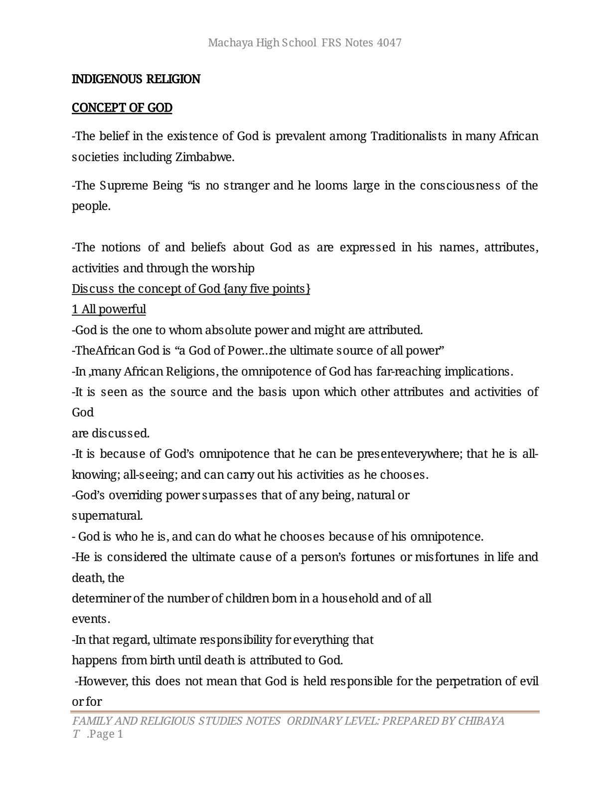 First page of O-Level Family and Religious Studies Indigenous Religion: Concept of God Notes Zimbabwe
