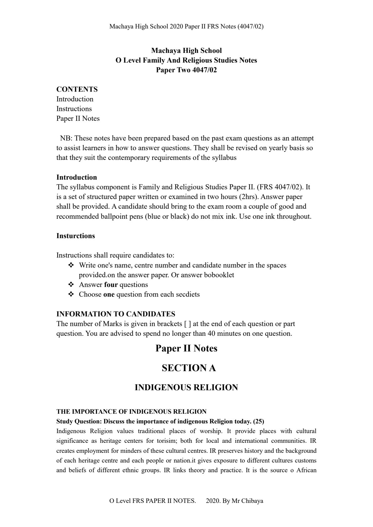 First page of O-Level Family and Religious Studies Notes Zimbabwe