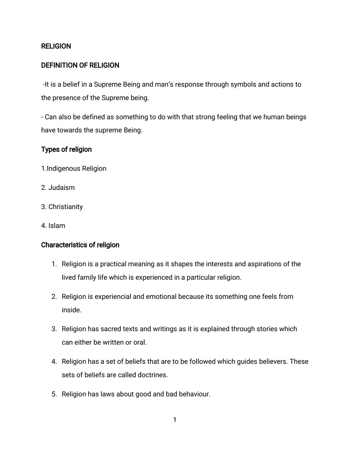First page of O-Level Family and Religious Studies Religion Notes Zimbabwe