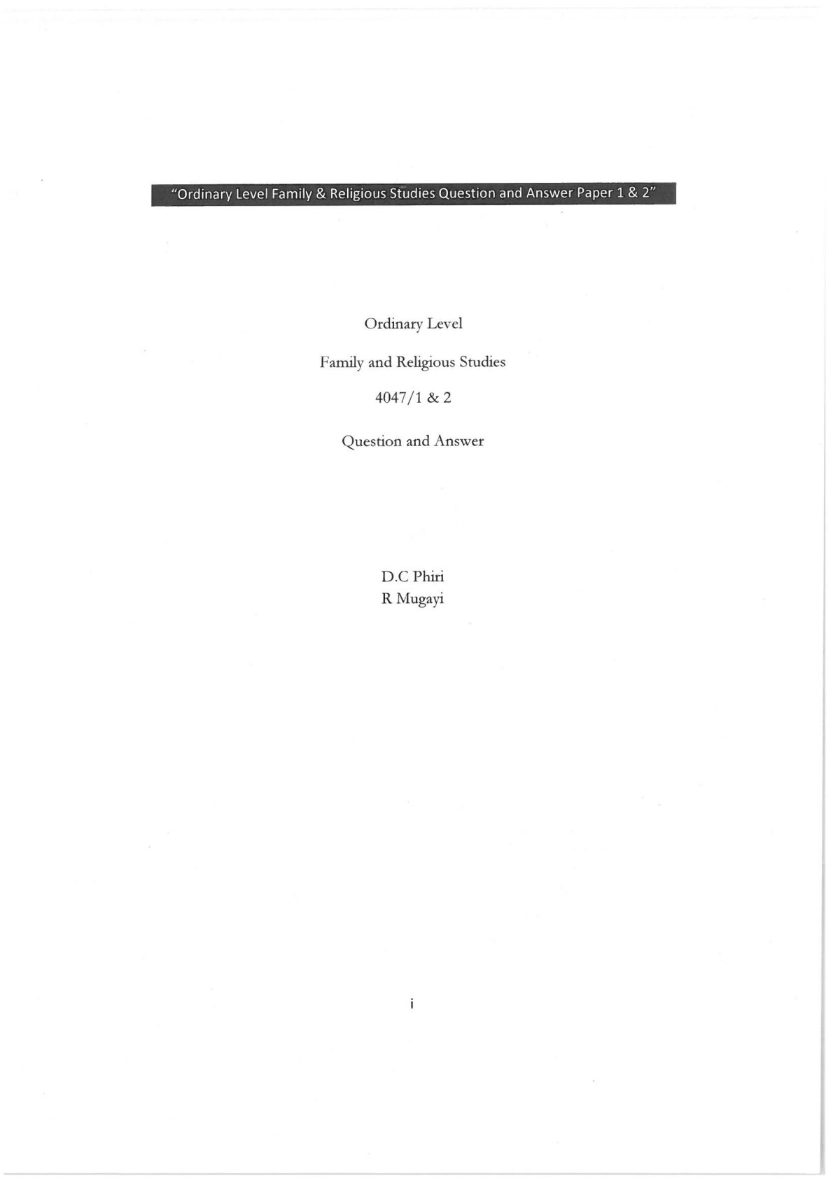 First page of O-Level Family and Religious Studies Revision Pack Zimbabwe