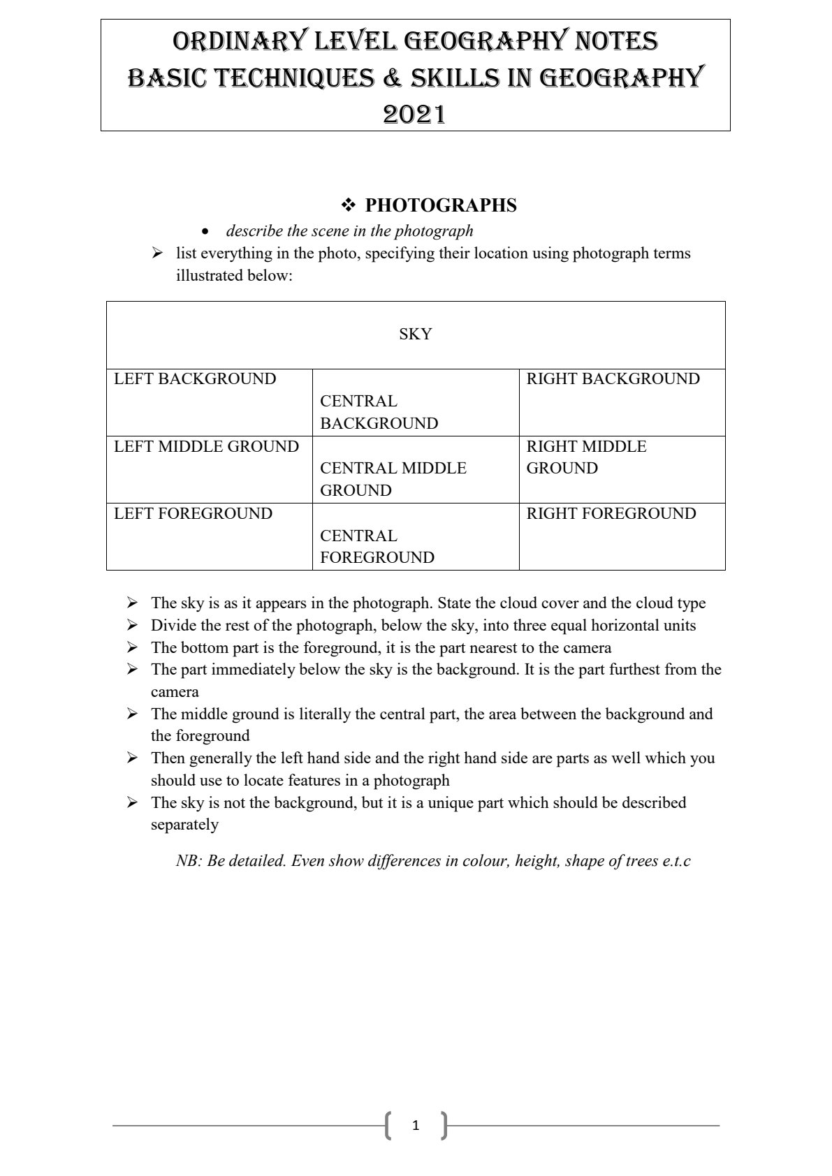 First page of O-Level Geography Basic Techniques and Skills in Geography Notes Zimbabwe