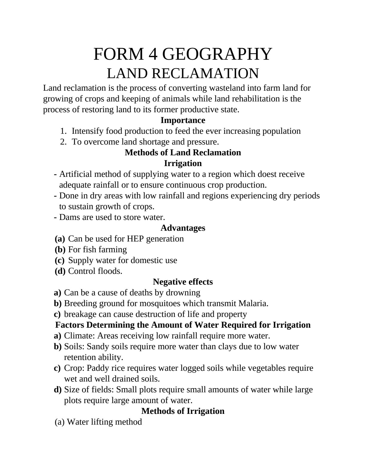 First page of O-Level Geography Land Reclamation Notes Zimbabwe
