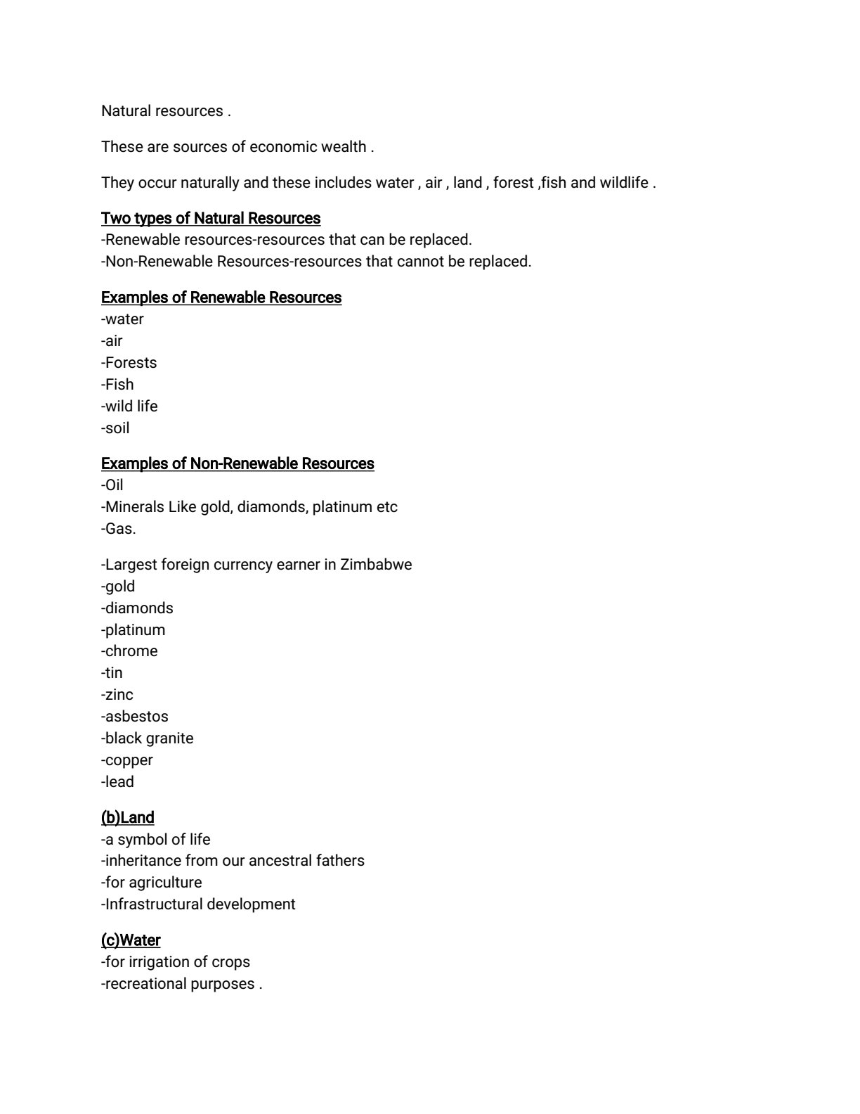 First page of O-Level Geography Natural Resources Notes Zimbabwe