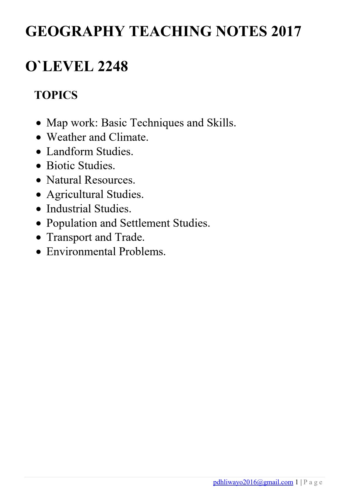 First page of O-Level Geography Notes Zimbabwe