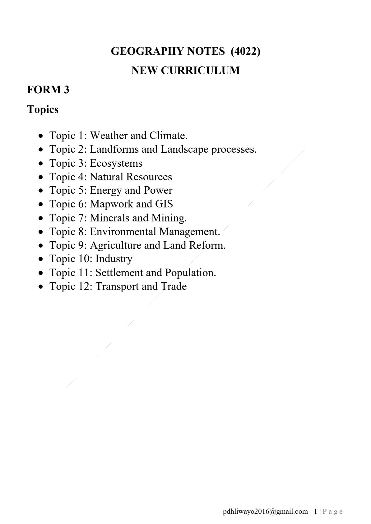 First page of O-Level Geography Notes Zimbabwe