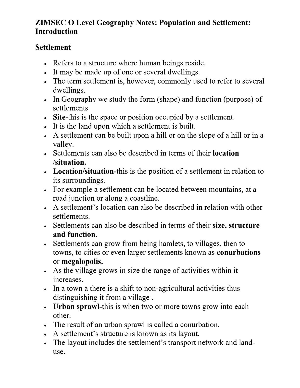 First page of O-Level Geography Population and Settlement Notes Zimbabwe