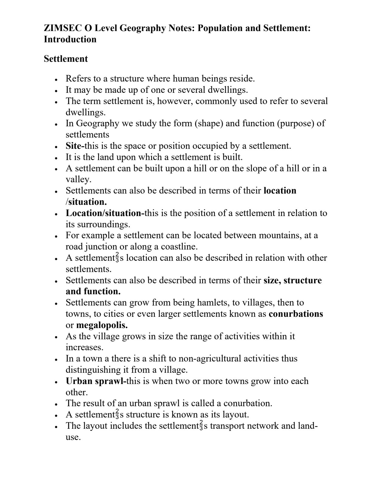 First page of O-Level Geography Population and Settlement Notes Zimbabwe