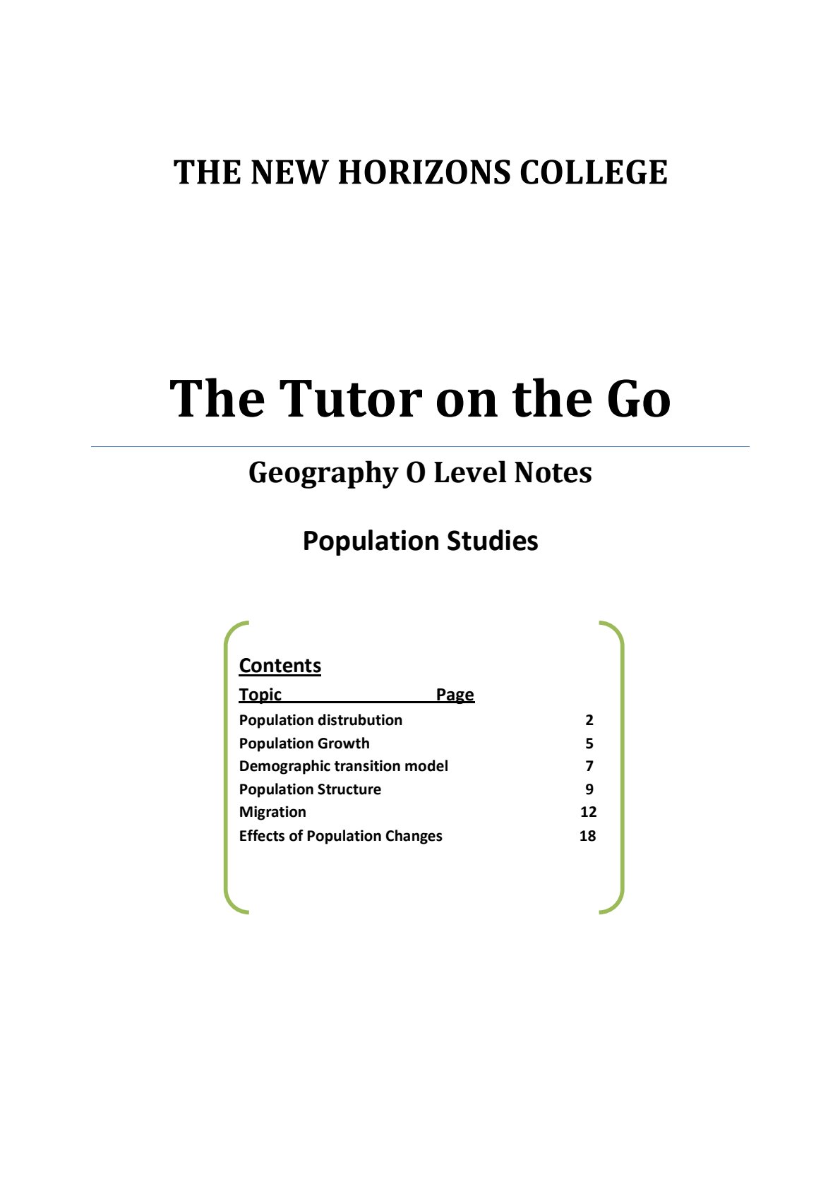First page of O-Level Geography Population Studies Notes Zimbabwe