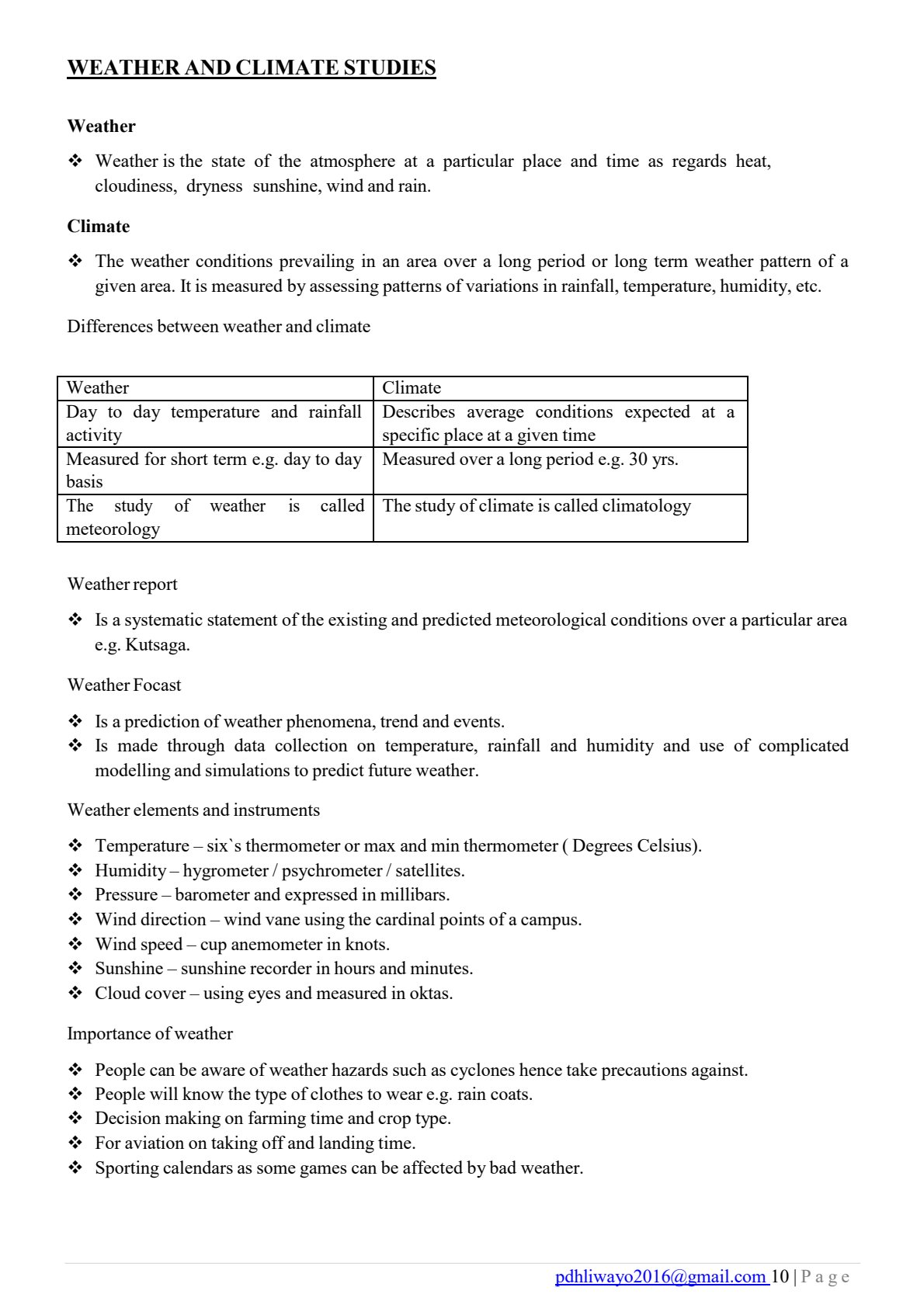 First page of O-Level Geography Weather and Climate Studies Notes Zimbabwe