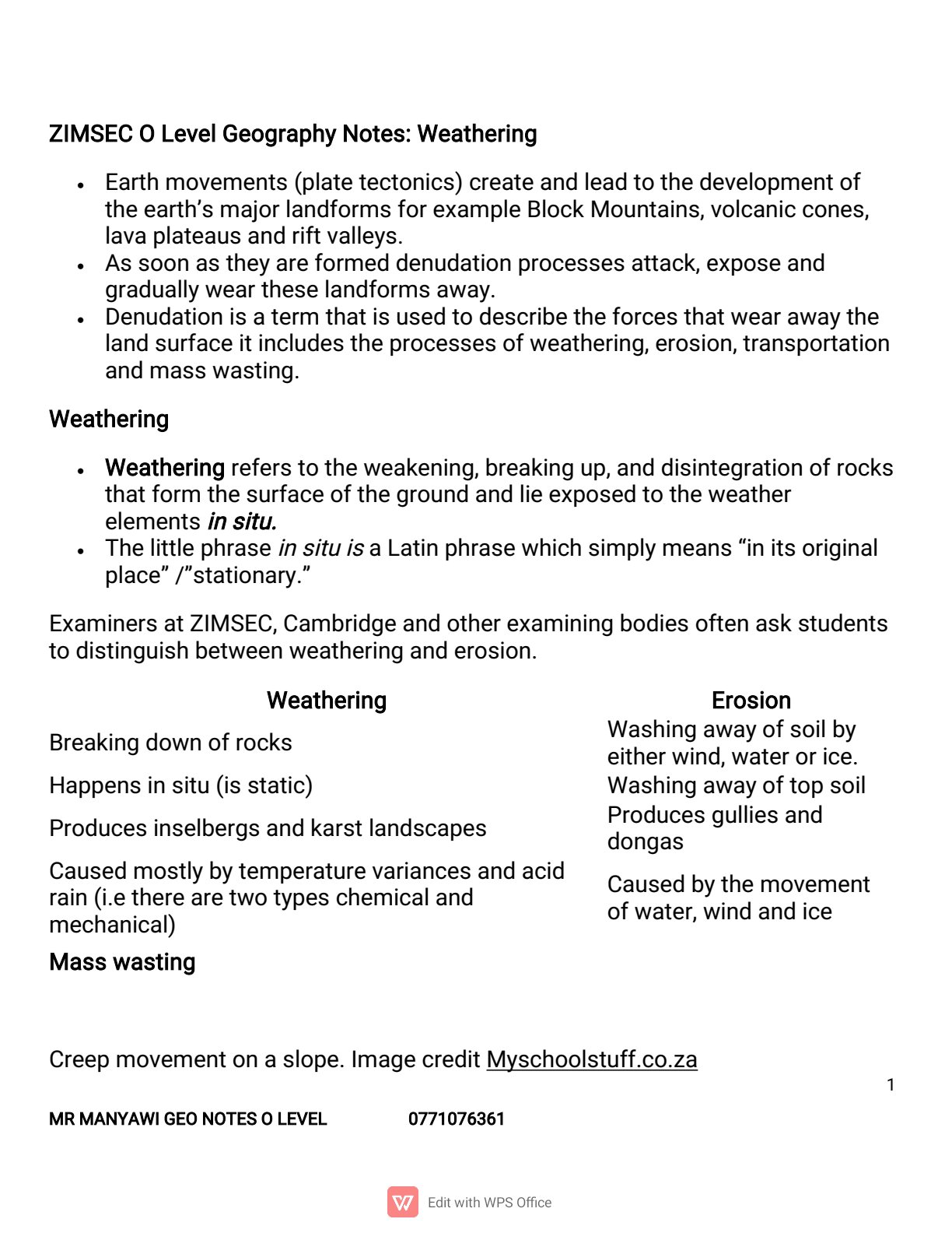 First page of O-Level Geography Weathering Notes Zimbabwe