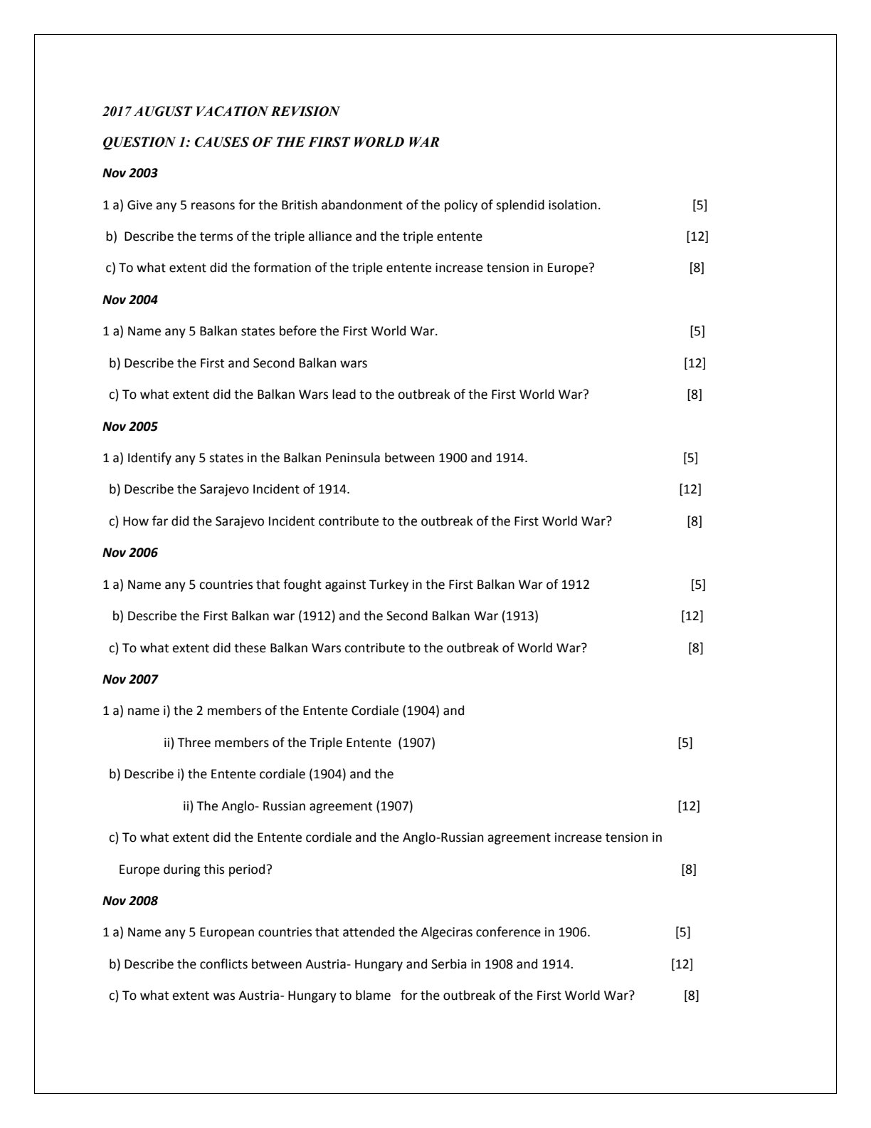 First page of O-Level History Causes of the First World War Revision Pack Zimbabwe